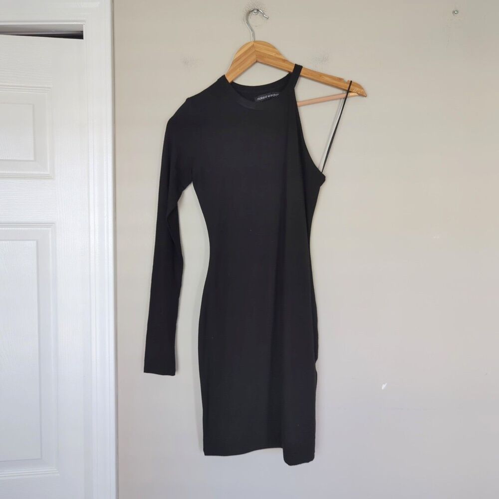 Naked Wardrobe Black Knit One Shoulder Long Sleeve Dress Small